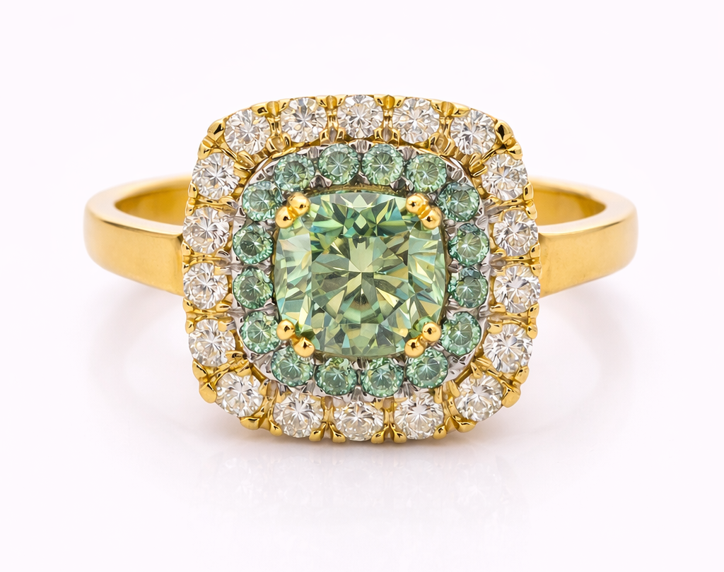 Light Green Cushion Halo Ring in 18K Yellow Gold