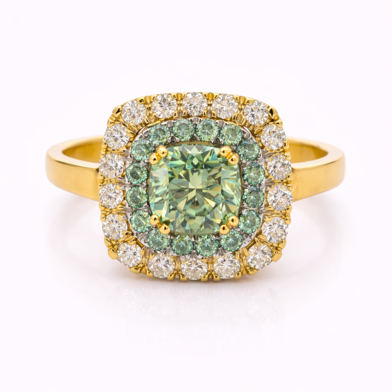 Light Green Cushion Halo Ring in 18K Yellow Gold
