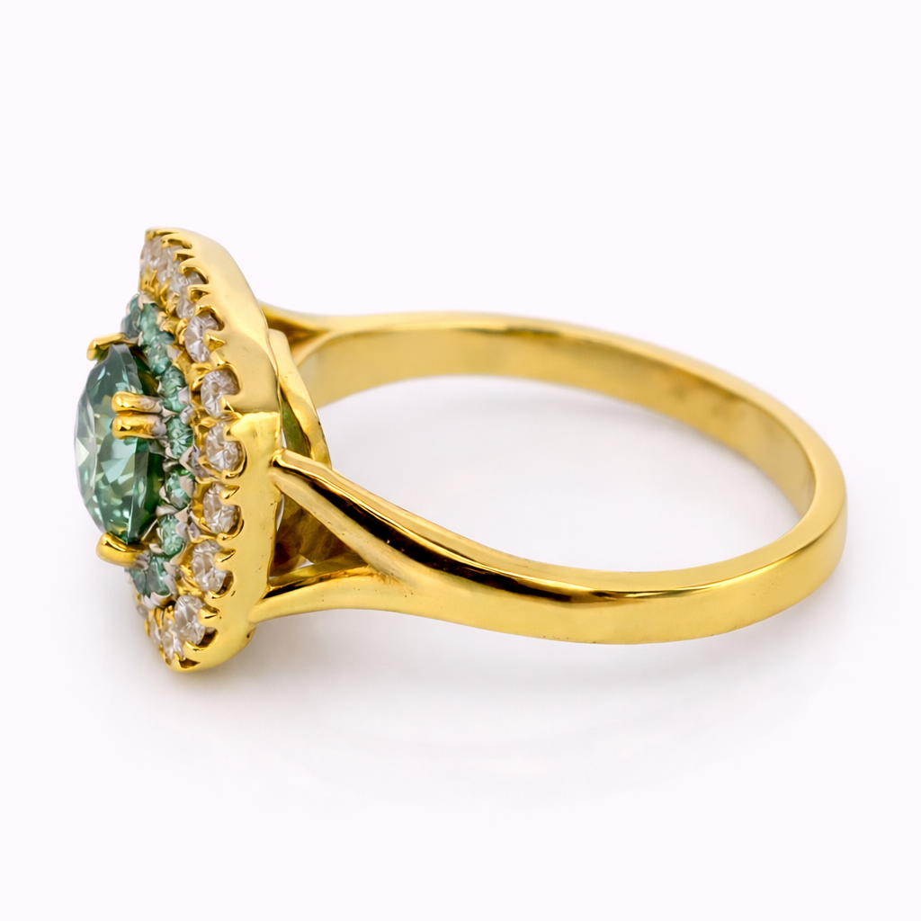 Light Green Cushion Halo Ring in 18K Yellow Gold - Image 2
