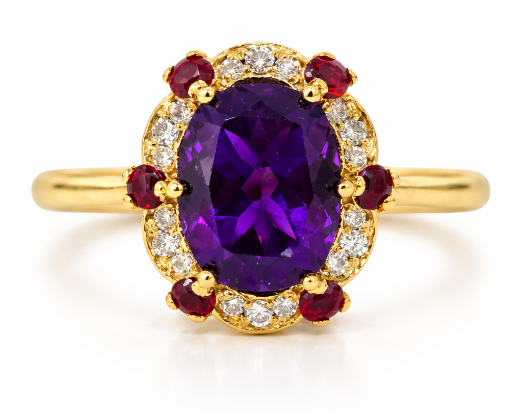 18kt Gold Ring 4.79g with 0.1ct Diamond, 1.65ct Amethyst and 0.2ct Ruby