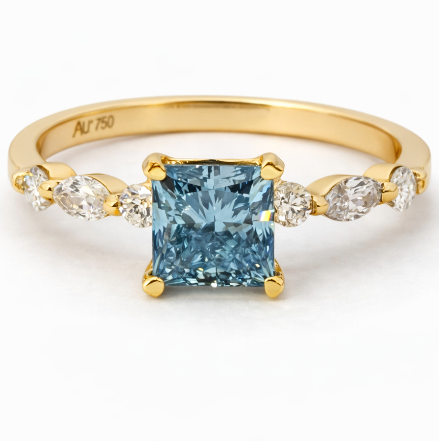 18kt Ring with 0.22ct White Diamond and 1ct Blue Lab-Grown Diamond